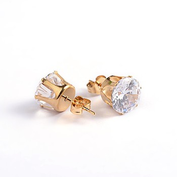 Flat Round 304 Stainless Steel Cubic Zirconia Stud Earrings, Golden, Clear, 5mm, Pin: 0.9mm