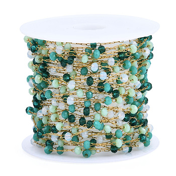 Glass Faceted Round Beaded Chains, with Real 14K Gold Plated 316 Stainless Steel Paperclip Chains, Soldered, with Spool, Light Sea Green, 3x2mm, about 16.40 Feet(5m)/Roll