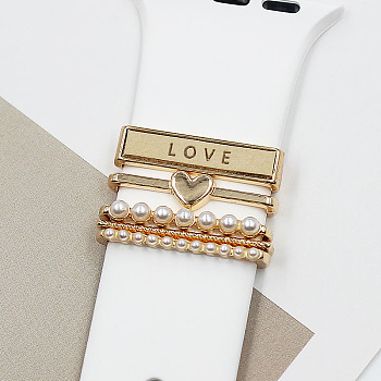 Heart Alloy Watch Band Charms Set, Imitation Pearl Beads Watch Band Decorative Ring Loops, Light Gold, 2.1x0.3cm, 5pcs/set