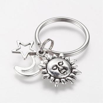 Alloy Keychain, with 316 Surgical Stainless Steel Key Ring, Sun, Star and Moon, Mixed Color, 51mm