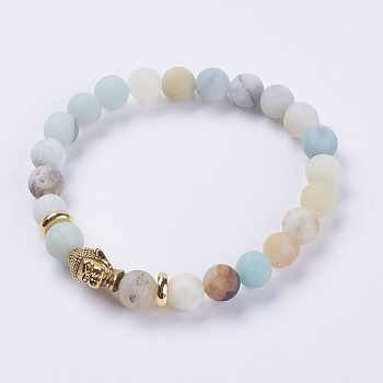Natural Flower Amazonite Beads Stretch Bracelets, with Alloy Finding, Frosted, Buddha's Head, Antique Golden, 2-1/8 inch(55mm)