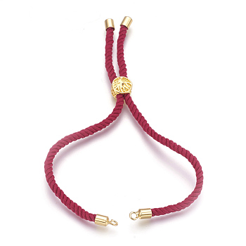 Cotton Cord Bracelet Making, with Brass Findings, Flat Round with Tree of Life, Real 18K Gold Plated, Cerise, 8-5/8 inch(22cm), Hole: 2mm