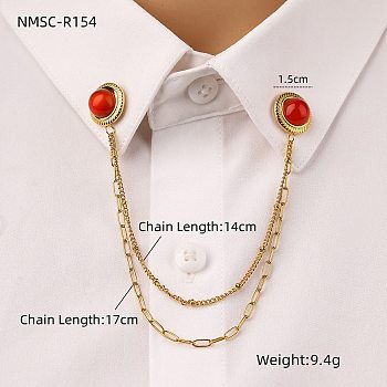 304 Stainless Steel & Dyed Stone Round Hanging Chain Brooch, Golden, FireBrick, 170mm, Brooch: 15mm