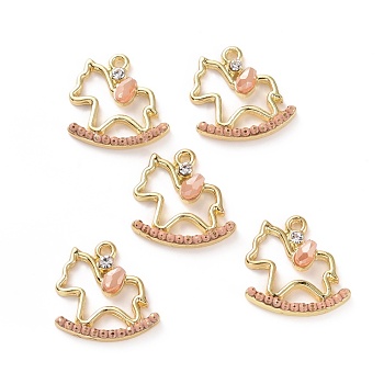 Rack Plating Alloy Crystal Rhinestone Pendants, with Resin Beads, Real 16K Gold Plated, Rocking Horse, Pink, 18x18x5mm, Hole: 1.6mm