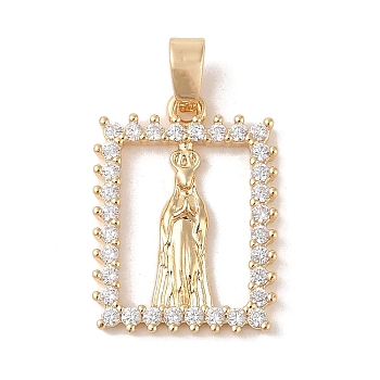 Brass Cubic Zirconia Pendants, Long-Lasting Plated, Rectangle with Holy Virgin Charms, Golden, 20x15x2.5mm, Hole: 5x2.5mm