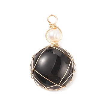 Synthetic Black Stone Pendants, with Golden Tone Copper Wire Wrapped and Natural Cultured Freshwater Pearl, Oval, 34x21x8mm, Hole: 3.7mm