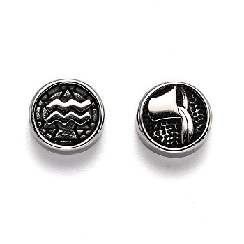 304 Stainless Steel Beads, Flat Round with Twelve Constellations, Antique Silver, Aquarius, 10x4mm, Hole: 1.8mm