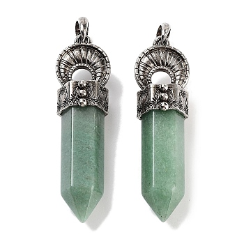 Natural Green Aventurine Pointed Big Pendants, Faceted Bullet Charms with Rack Plating Antique Silver Plated Alloy Horn, 61~62x17.5x16mm, Hole: 7x6.5mm