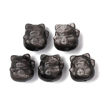 Natural Silver Obsidian Carved Beads, Lucky Cat Shape, 16~16.5x15~15.5x12mm, Hole: 1.4mm