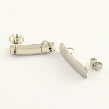 304 Stainless Steel Rectangle Stud Earring Findings, with Loop, Stainless Steel Color, 21x6mm, Hole: 3mm, pin: 0.8mm