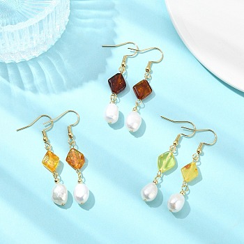 Natural Amber & Natural Cultured Freshwater Pearl Dangle Earrings, with 304 Stainless Steel Earring Hooks, Rhombus with Oval, Golden, 51~53x9~10mm