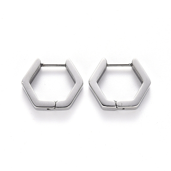 304 Stainless Steel Huggie Hoop Earrings, Hexagon, Stainless Steel Color, 15.5x16.5x3mm, Pin: 1mm