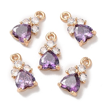 K9 Glass Charms, with Light Gold Tone Brass Findings and Rhinestone, Heart Charms, Amethyst, 13x7x4mm, Hole: 1.2mm