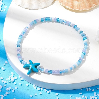 Glass Seed & Synthetic Turquoise Starfish Beaded Stretch Bracelet for Women(BJEW-JB09709-01)-2
