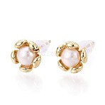 Brass & Natural Pearl Stud Earrings, Flower, Real 18K Gold Plated, 9~10mm(PEAR-N020-WX15)