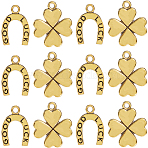 60Pcs 2 Styles Alloy Pendants, Letter U with GOOD LUCK/Clover, Antique Golden, 17.5~21x12~17.5x1.5~2.5mm, Hole: 1.5~2mm, 30pcs/style(FIND-SC0013-30)