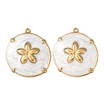 304 Stainless Steel Pendants, with Enamel, Flat Round & Flower Charms, Real 18K Gold Plated, Ion Plating(IP), White, 28x25x4mm, Hole: 1.4mm(X-STAS-N129-08G-01)