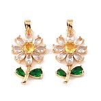 Brass & Clear Cubic Zirconia Pendants, Flower Charms, Real 18K Gold Plated, 27.5x15.5x4.5mm, Hole: 5x3mm(KK-G558-11G)