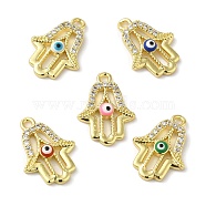 Rack Plating Brass Micro Pave Cubic Zirconia Pendants, with Enamel, Long-Lasting Plated, Lead Free & Cadmium Free, Hamsa Hand, Mixed Color, 15x11.5x2.5mm, Hole: 1.2mm(KK-F854-12G)