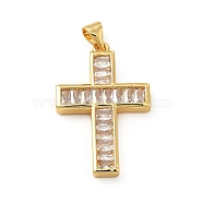 Rack Plating Brass Micro Pave Cubic Zirconia Pendants, Cadmium Free & Lead Free, Real 18K Gold Plated, Religion Cross Charm, Clear, 30x19x4mm, Hole: 5x3.5mm(KK-E072-02G)