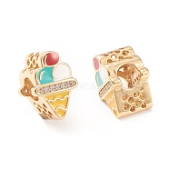 Brass Enamel European Beads, Large Hole Beads, Long-lasting Plated, with Micro Pave Clear Cubic Zirconia, Icecream, Colorful, Real 18K Gold Plated, 13.5x9.5x8.5mm, Hole: 4.5mm(MPDL-P005-02G)