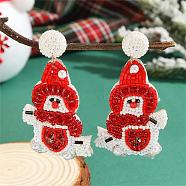 Christmas Style Beaded Earrings with Snowman Pattern and Glass Beads, Red, 65x47mm(LN7721-1)