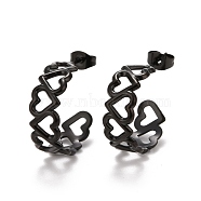304 Stainless Steel Stud Earrings for Women, Hollow Heart Earrings, Electrophoresis Black, 21x25x8mm, Pin: 0.7mm(STAS-A057-12EB)