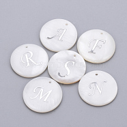 Natural Freshwater Shell Pendants, with Platinum Plated Iron Etched Metal Embellishments, Flat Round with Initial Letter, White, Random Mixed Letters, 11x2mm, Hole: 1.5mm(SHEL-Q018-01A-MP)