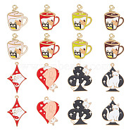32Pcs 8 Style Alloy Enamel Pendants, Golden, Cup with Cat & Cat with Playing Cards, Mixed Color, 25~36.5x19~28x1.3mm, Hole: 1.6~1.8mm, 4pcs/style(ENAM-GO0001-11)