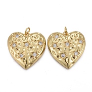 Hammered Brass Micro Pave Clear Cubic Zirconia Pendants, with Jump Rings, Long-Lasting Plated, Heart with Star, Real 18K Gold Plated, 23x25x4.5mm, Hole: 3mm(KK-F821-14G)