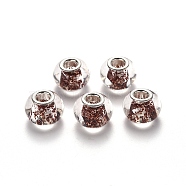 Transparent Glass European Beads, Large Hole Rondelle Beads, with Glitter Sequins and Platinum Tone Brass Double Cores, Coconut Brown, 14x10mm, Hole: 5mm(GLAA-N033-04K)