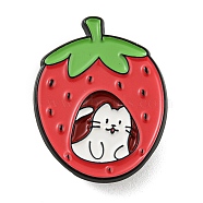 Cartoon Fruit with Cat Enamel Pins, Black Alloy Badge for Backpack Clothes, Strawberry, 31x24x1.5mm(JEWB-F031-01E)