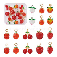16Pcs 8 Style Handmade Lampwork Pendants, with Brass Findings, Cadmium Free & Lead Free, Peach & Cherry & Column, Red, 14.5~20x12~18x8~14mm, Hole: 2.2~4mm, 2pcs/style(LAMP-SW0001-01)