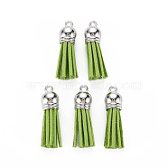 Faux Suede Tassel Pendant Decorations, with CCB Plastic Cord Ends, Platinum, Yellow Green, 33~35x10mm, Hole: 2.5mm(FIND-R095-018P)