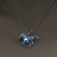 Alloy Horse Cage Pendant Necklace with Synthetic Luminous Stone, Glow In The Dark Jewelry for Women, Cornflower Blue, 17.72 inch(45cm)(LUMI-PW0001-002P-B)