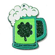 Opaque Printed Acrylic Pendants, with Glitter Powder, Saint Patrick's Day, 39.5x32.5x2mm, Hole: 1.6mm(OACR-G020-02D)