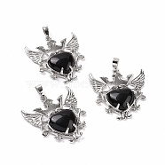 Natural Obsidian Pendants, Eagle with Heart Charms, with Rack Plating Platinum Tone Brass Findings, 36.5x33.3x6~7mm, Hole: 8x5mm(G-P496-04P-12)