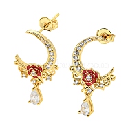 Moon & Rose Brass Micro Pave Cubic Zirconia Dangle Stud Earrings, with Red Enamel, Long-Lasting Plated, Cadmium Free & Lead Free, Real 18K Gold Plated, 23.5x14mm(EJEW-P240-18G)