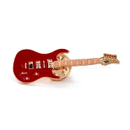 Guitar Enamel Pin, Musical Instrument Alloy Enamel Brooch for Teen Girl Women, Red, Golden, 41~42x13.5x10mm, Pin: 1mm(JEWB-P011-01G)