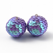 Sparkly Paillette Plastic Pendant Decorations, AB Color Plated, Ball Shape, Blue Violet, 30x29mm, Hole: 2mm(FIND-H211-B-01)