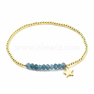 Natural Malaysia Jade(Dyed) Round Beaded Stretch Bracelet with 304 Stainless Steel Star Charms, Gemstone Jewelry for Women, Steel Blue, Inner Diameter: 2-1/4 inch(5.7cm)(BJEW-JB08059-03)