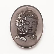 Carved Natural Obsidian Big Pendants, Flat Oval with Buddha, 52.5x39x9mm, Hole: 2mm(G-G660-54)
