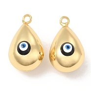 Brass Pendants, with Enamel, Real 18K Gold Plated, Long-Lasting Plated, Teardorp with Evil Eye Charm, Black, 26x15.5x15mm, Hole: 2.6mm(KK-E076-01G-01)