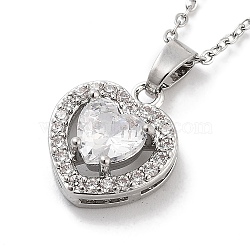 201 Stainless Steel Cable Chain Necklaces, Brass Clear Cubic Zirconia Heart Pendant Necklaces, Stainless Steel Color, 15.94 inch(40.5cm)(NJEW-L124-005P)