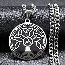 304 Stainless Steel Pendant Necklaces, Flat Round with Tree of Life and Triquetra/Trinity Knot, Stainless Steel Color, 19.69 inch(50cm)(NJEW-C042-08P)