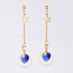 Glass Heart Dangle Ear Studs, with 304 Stainless Steel Studs & Cable Chains & Findings and Brass Ear Nuts, Blue, 65mm, Pin: 0.8mm(EJEW-JE04023-03)