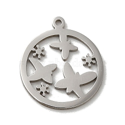 Non-Tarnish 201 Stainless Steel Pendants, Stainless Steel Color, Laser Cut, Flat Round Charm, Butterfly, 15.5x13x1mm, Hole: 1mm(STAS-E206-03P-05)