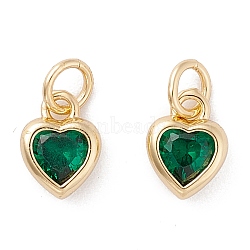 Brass inlaid Cubic Zirconia Pendants, with Jump Ring, Long-Lasting Plated, Heart, Real 18K Gold Plated, Green, 9.5x7x3mm, Hole: 3.6mm(ZIRC-A019-13G-H)