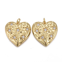 Hammered Brass Micro Pave Clear Cubic Zirconia Pendants, with Jump Rings, Long-Lasting Plated, Heart with Star, Real 18K Gold Plated, 23x25x4.5mm, Hole: 3mm(KK-F821-14G)