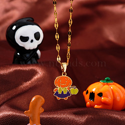 Halloween Stainless Steel Enamel Pendant Necklaces, with Golden Plated Dapped Chains for Unisex, Pumpkin, Orange, 15.75 inch(40cm)(HG2651)